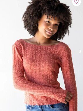 Natural Life Lace Layering Top L Coral Long Sleeve Semi Sheer Stretchy Boho